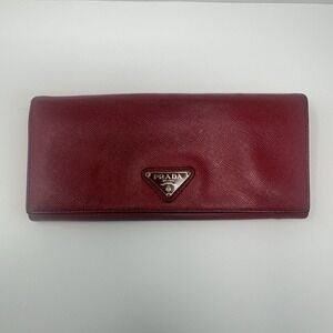 Prada Saffiano Leather Long Wallet Red Gold Tone Snap Closure Italy